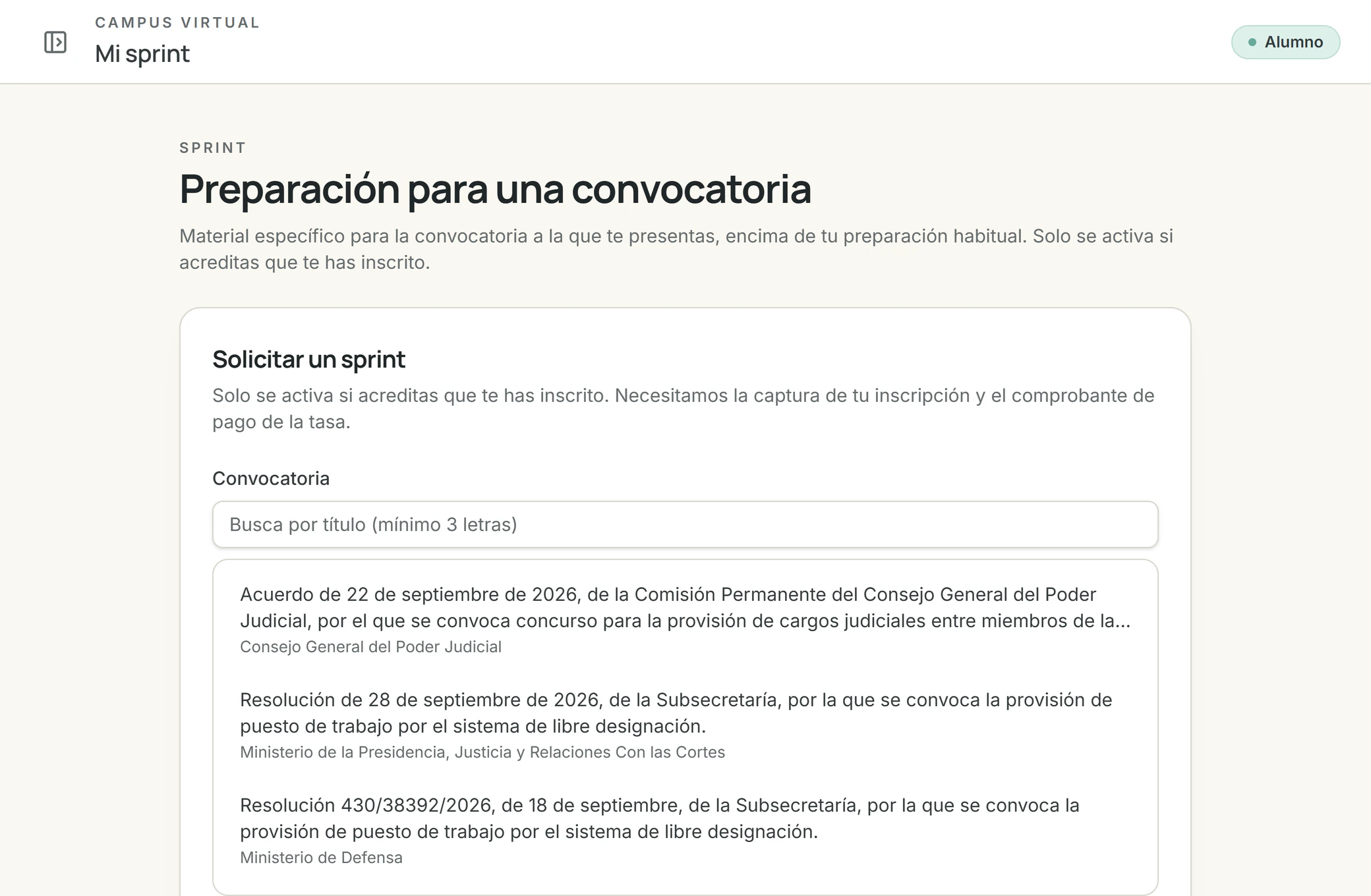Pantalla Mi sprint del campus: se busca la convocatoria a la que te presentas para solicitar su material específico.