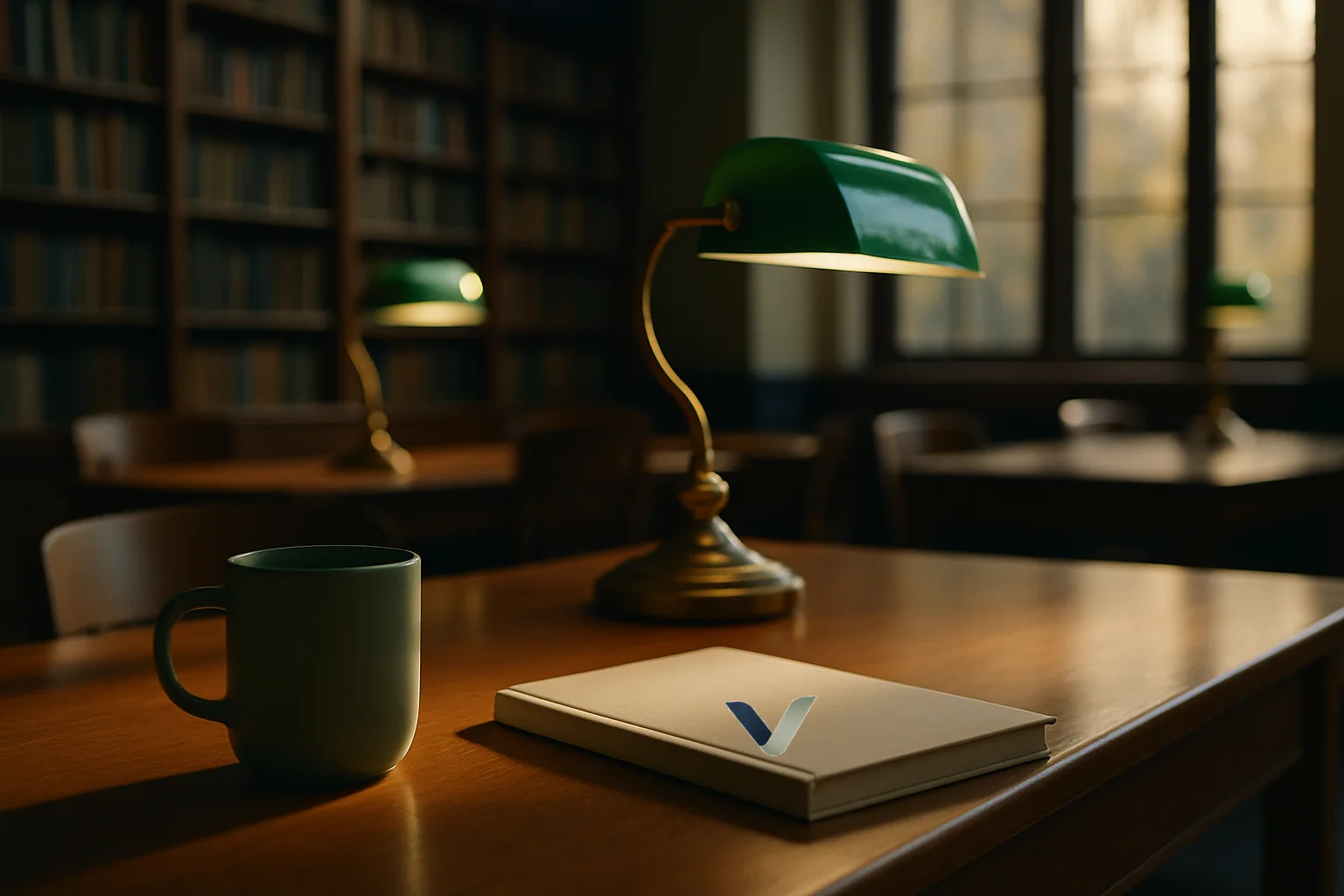 Sala de estudio de una biblioteca con lámparas verdes y un cuaderno de Vértice sobre la mesa
